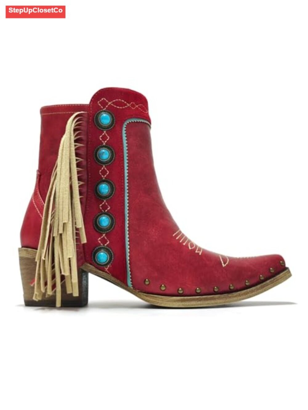 Fringe Studded Ankle Cowboy Boots Turquoise Stones Side Zipper